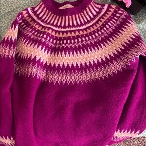 LOFT Magenta Crewneck Fair Isle Yoke Sweater